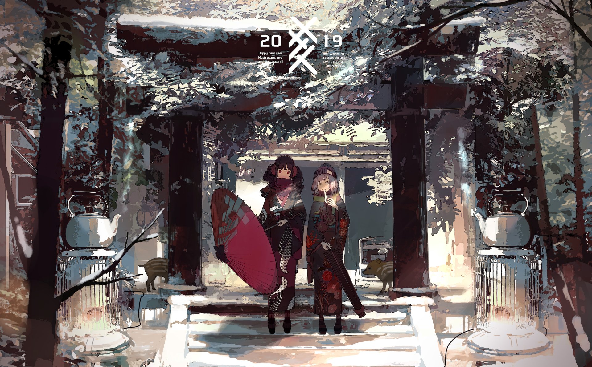 Anime-style HD desktop wallpaper featuring two characters with short hair wearing kimonos and scarves, one holding a parasol, standing in a picturesque garden with snow, under a traditional wooden gate.