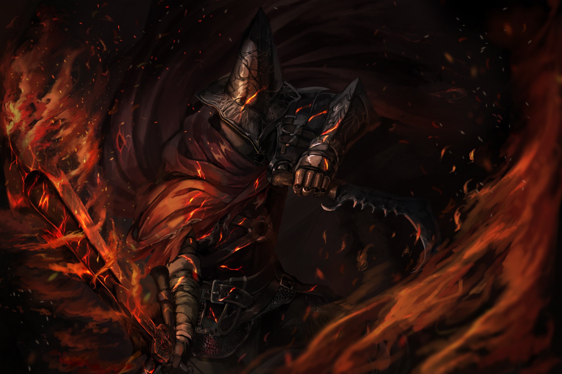 HD PC wallpaper featuring the Abyss Watchers from Dark Souls III, depicted in dark armor wielding a flaming sword amidst swirling embers and shadows.