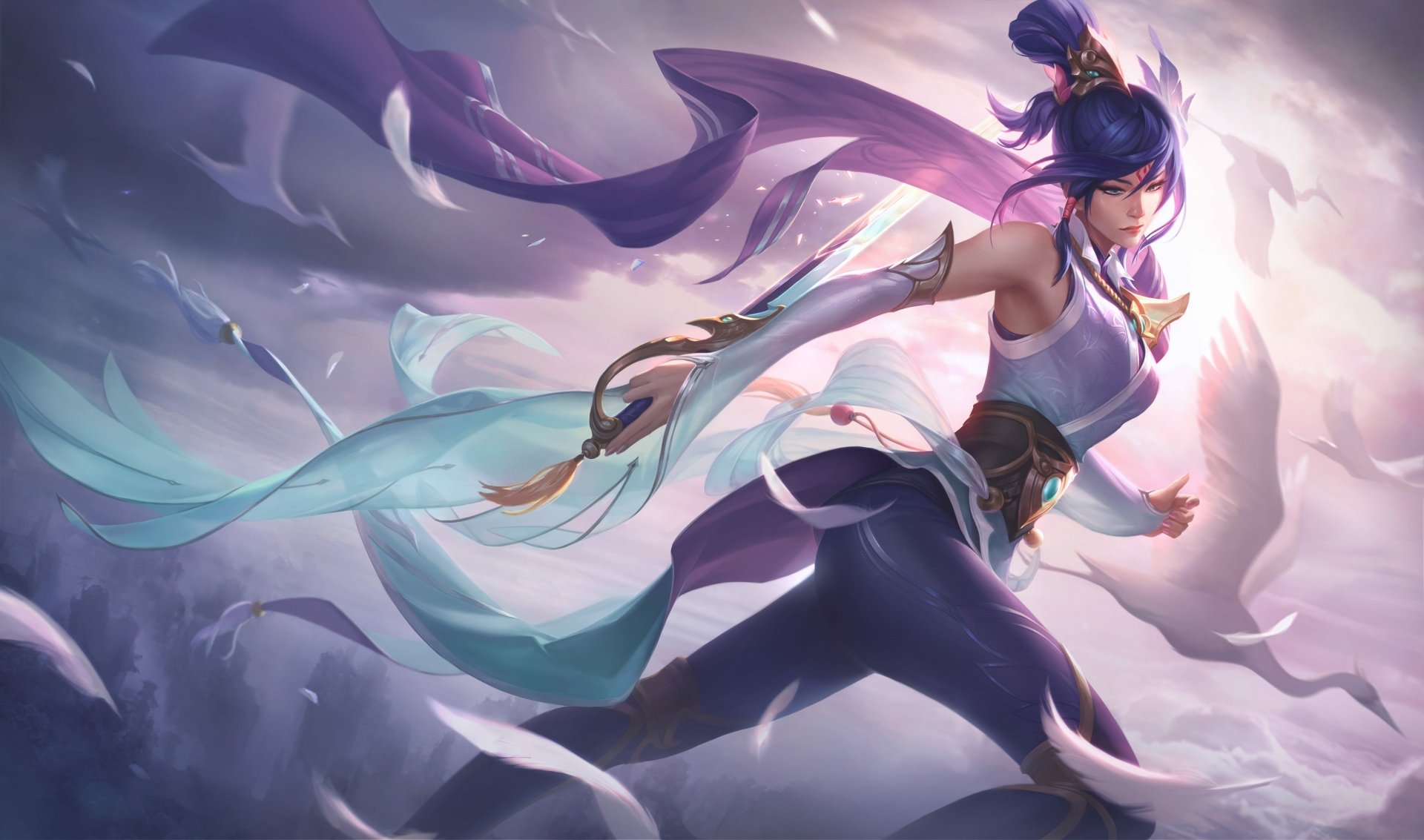 HD desktop wallpaper of Fiora from League of Legends, depicted in an action pose with a dynamic, flowing cape and a focused expression in a mystical setting.