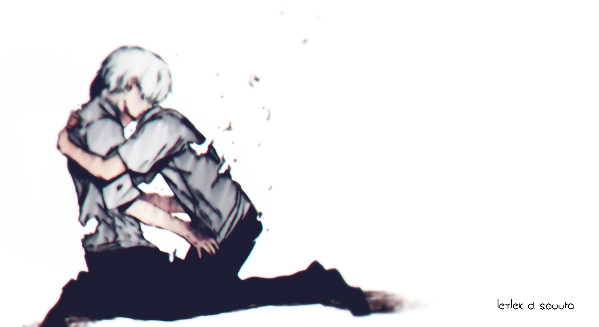 HD anime desktop wallpaper featuring Ken Kaneki and Haise Sasaki from Tokyo Ghoul:re in an emotional embrace against a white background.