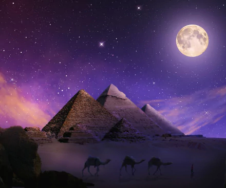 HD desktop wallpaper of Egypt’s man-made pyramids under a starry night sky with a full moon and a camel silhouette in the foreground.