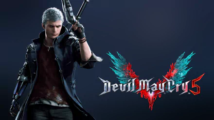 HD PC desktop wallpaper featuring Nero from Devil May Cry 5, showcasing the character in a dynamic pose beside the game's iconic logo.