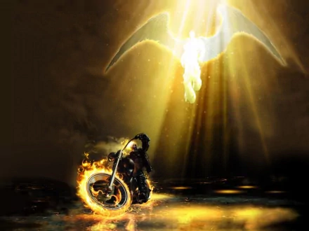 HD desktop wallpaper featuring Ghost Rider on his flaming motorcycle, illuminated by a glowing angelic figure in the background. Comic-themed, dramatic lighting, and intense visual contrast.