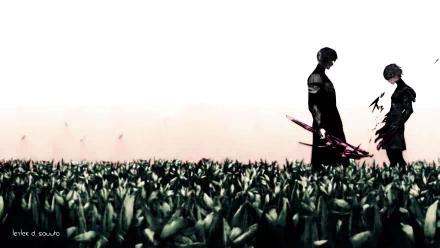 HD desktop wallpaper of Kishou Arima and Ken Kaneki from Tokyo Ghoul:re, with a minimalistic design featuring the characters standing in a field of grass against a pale sky background.