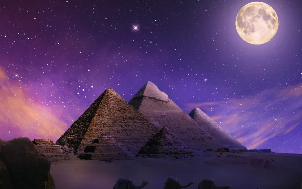 HD desktop wallpaper of Egypt’s man-made pyramids under a starry night sky with a full moon and a camel silhouette in the foreground.