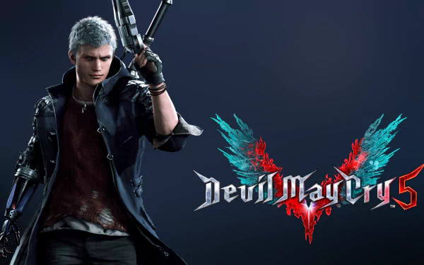 HD PC desktop wallpaper featuring Nero from Devil May Cry 5, showcasing the character in a dynamic pose beside the game's iconic logo.