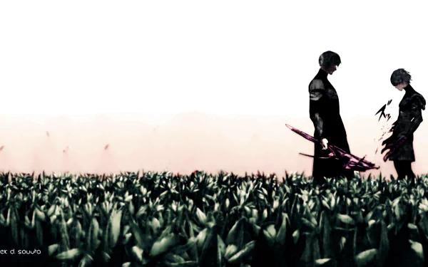 HD desktop wallpaper of Kishou Arima and Ken Kaneki from Tokyo Ghoul:re, with a minimalistic design featuring the characters standing in a field of grass against a pale sky background.