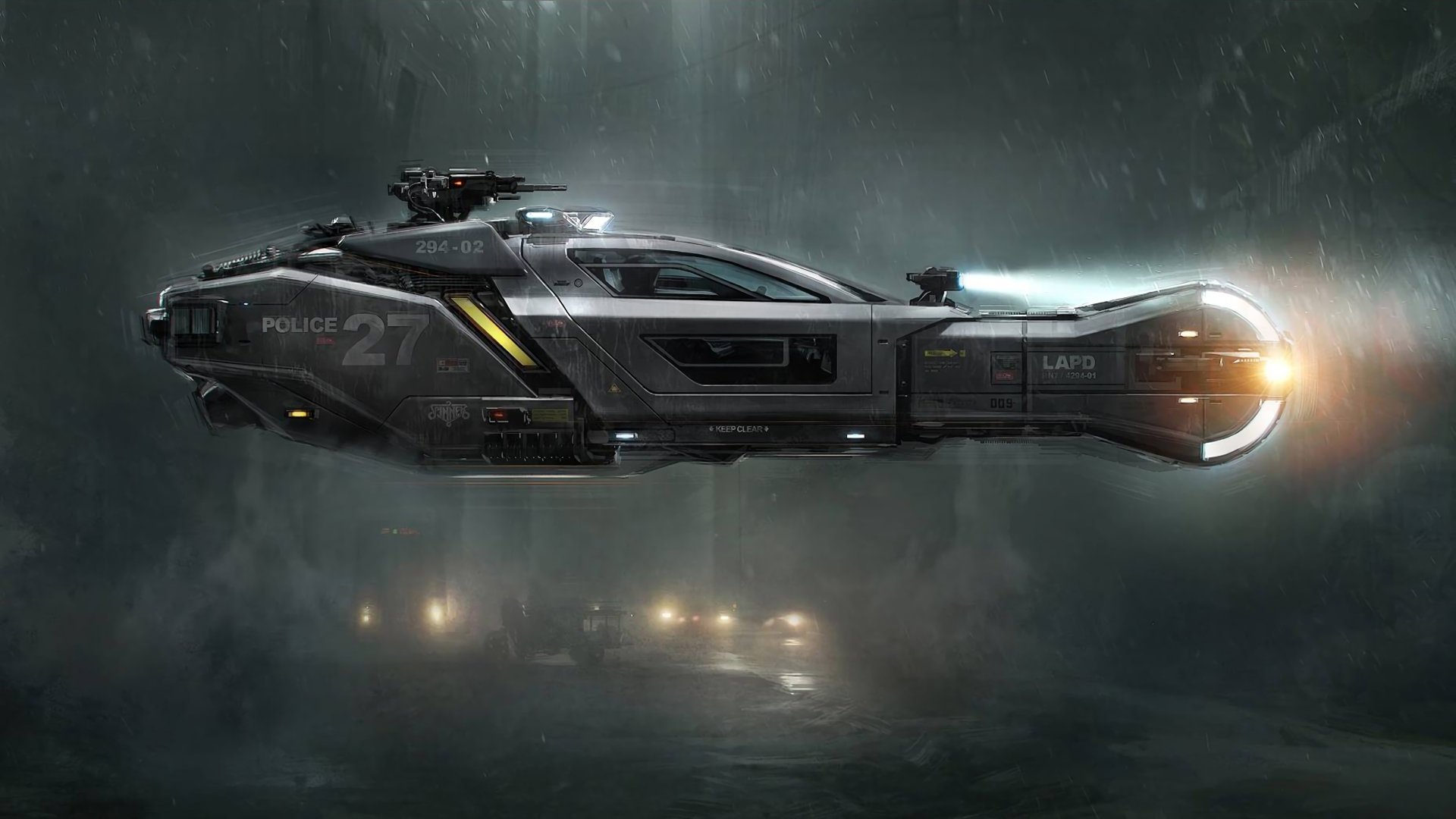 A high-definition desktop wallpaper depicting a cyberpunk scene from the movie Blade Runner 2049, featuring a futuristic police vehicle floating in a dark, atmospheric space setting.