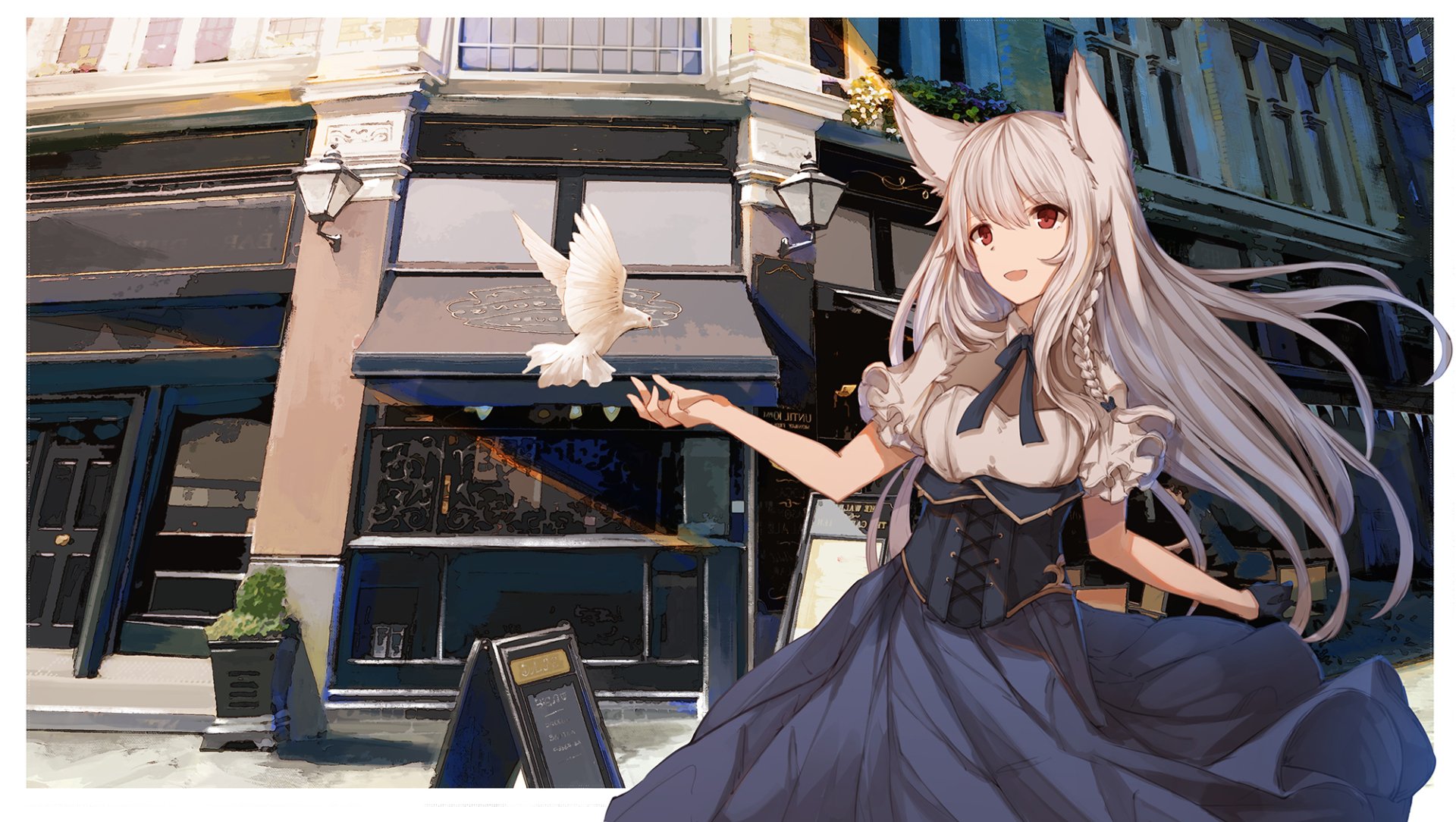 An HD desktop wallpaper featuring a blonde anime character with red eyes, long braided hair, and pointed ears, wearing gloves, standing on a street and holding a white bird.