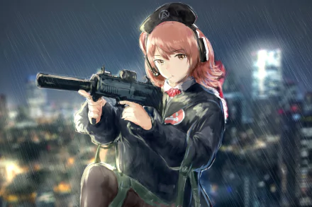 HD PC desktop wallpaper featuring MP7 from the video game Girls Frontline, depicted aiming with a suppressed firearm against a rainy cityscape at night.