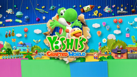HD PC desktop wallpaper/background: Yoshi from the video game Yoshi's Crafted World jumps through torn craft-paper scenery with friends and the game's logo.