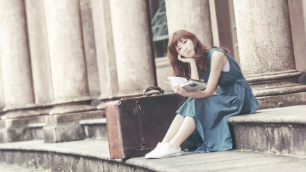 brunette suitcase model woman asian HD Desktop Wallpaper | Background Image