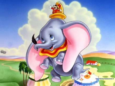 HD PC desktop wallpaper featuring Dumbo, the flying elephant from the classic 1941 movie, with bright skies and a colorful countryside background.