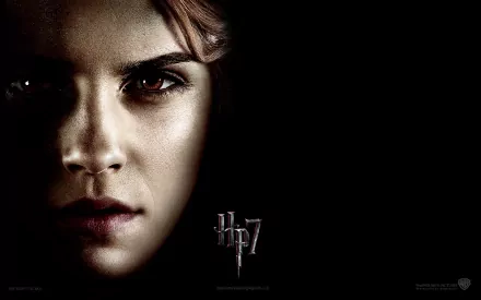 HD desktop wallpaper featuring a close-up of Hermione Granger (Emma Watson) from Harry Potter and the Deathly Hallows: Part 1, with a dark background and HP7 text.