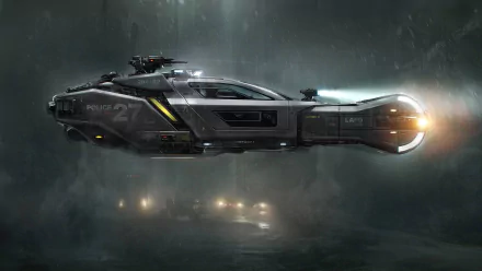 A high-definition desktop wallpaper depicting a cyberpunk scene from the movie Blade Runner 2049, featuring a futuristic police vehicle floating in a dark, atmospheric space setting.