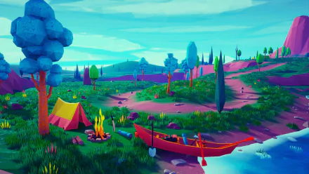 Artistic HD PC desktop wallpaper featuring a vibrant camping scene with a glowing campfire, a yellow tent, and a red canoe by a tranquil lakeside under a bright sky.