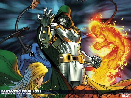 A dynamic HD wallpaper featuring Doctor Doom and the Fantastic Four, including Invisible Woman, Mister Fantastic, Human Torch, and Thing, showcasing their epic battles in Marvel Comics.