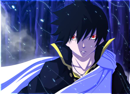 Zeref Dragneel from the anime Fairy Tail stands with a serious expression, featuring striking red eyes and dark hair, set against a mystical, stormy background in this HD desktop wallpaper.
