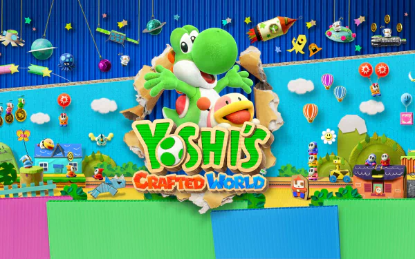 HD PC desktop wallpaper/background: Yoshi from the video game Yoshi's Crafted World jumps through torn craft-paper scenery with friends and the game's logo.
