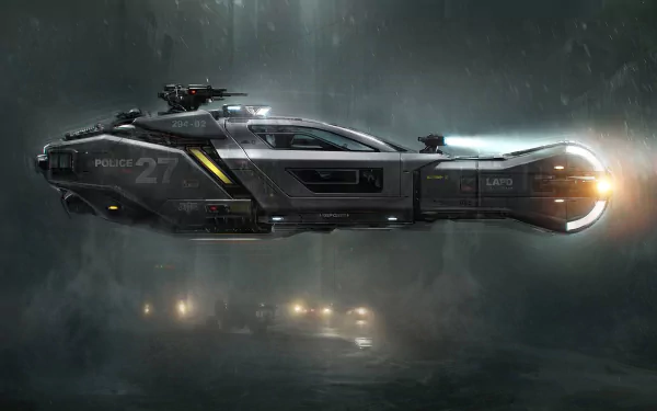 A high-definition desktop wallpaper depicting a cyberpunk scene from the movie Blade Runner 2049, featuring a futuristic police vehicle floating in a dark, atmospheric space setting.