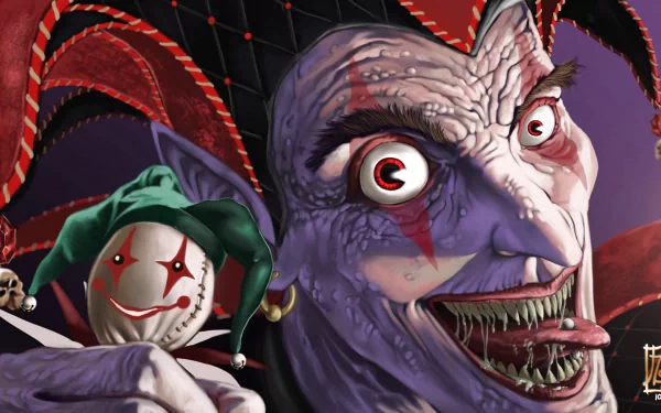 HD PC desktop wallpaper featuring a dark, sinister jester with exaggerated facial features and a creepy doll in his hand against a shadowy background.