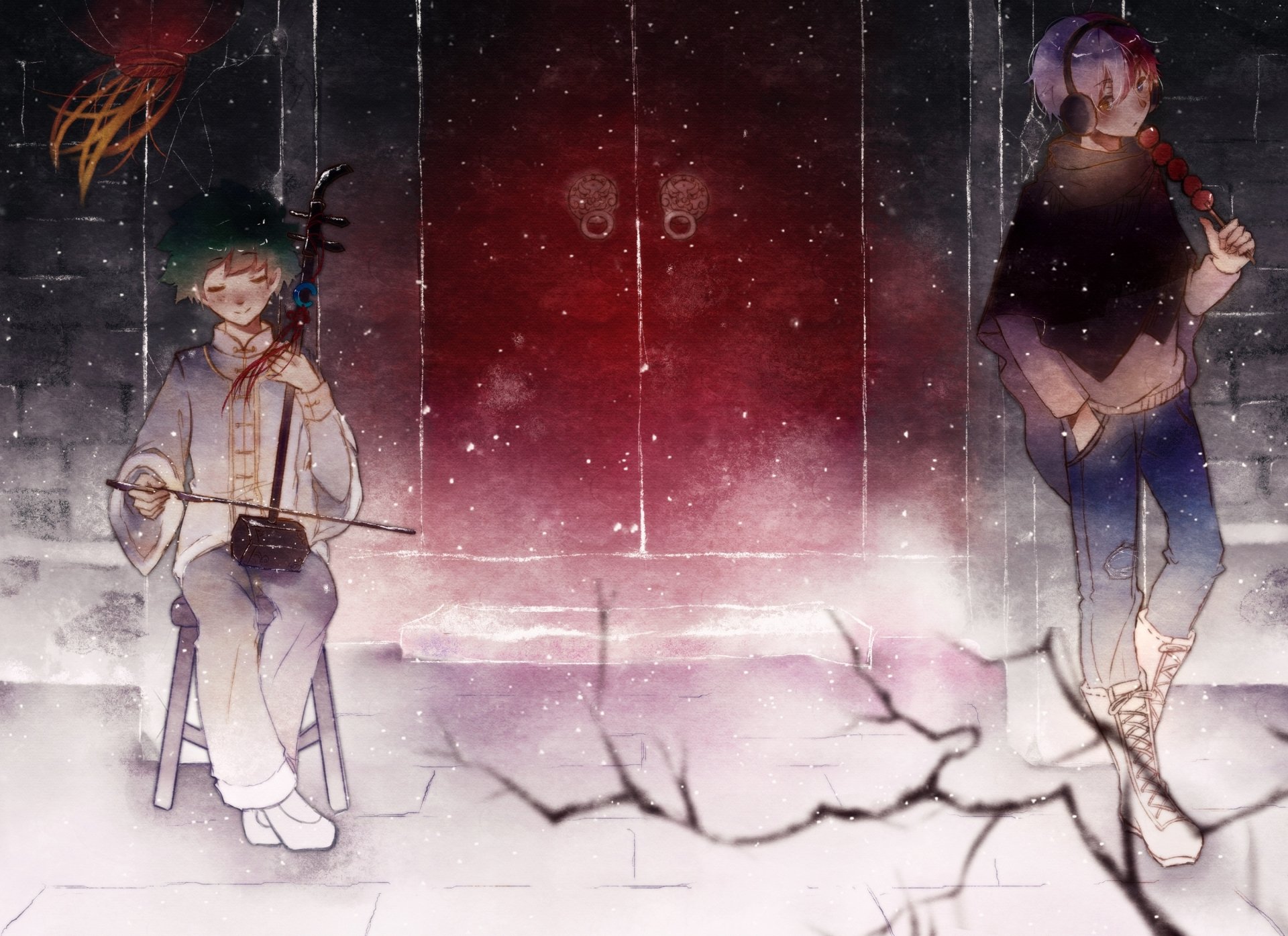 HD PC desktop wallpaper featuring Izuku Midoriya and Shoto Todoroki from the anime My Hero Academia in a dramatic, moody scene with cracked ground and a red door backdrop.