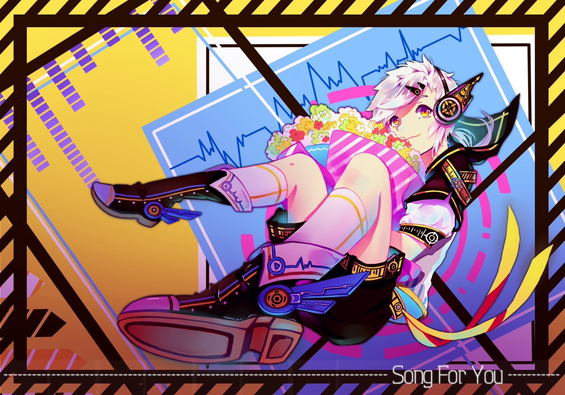 2K Quad HD PC wallpaper: Atsushi Nakajima (Bungou Stray Dogs) in vibrant neon anime art, reclining with headphones, futuristic boots and geometric shapes on a colorful background.