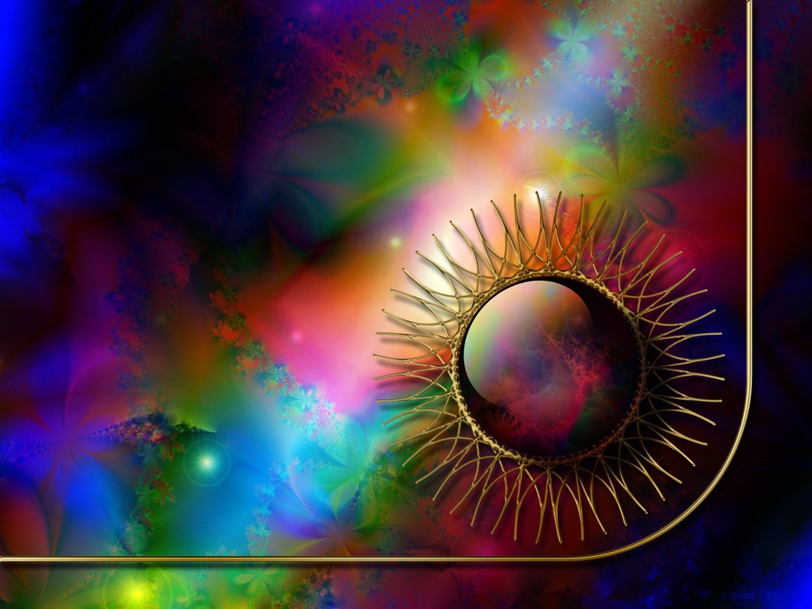 Abstract HD PC desktop wallpaper featuring a colorful cosmic background with a circular jewelry-inspired design of intricate gold spikes.