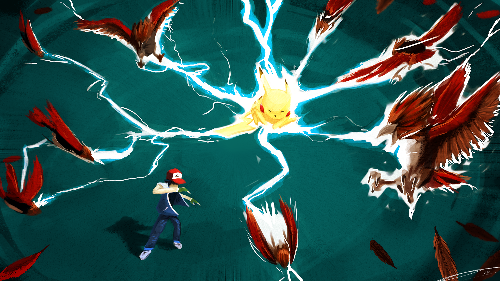 HD PC desktop anime wallpaper: Ash Ketchum with Pikachu unleashing a burst of electricity as winged Pokémon circle around in a stormy teal sky.