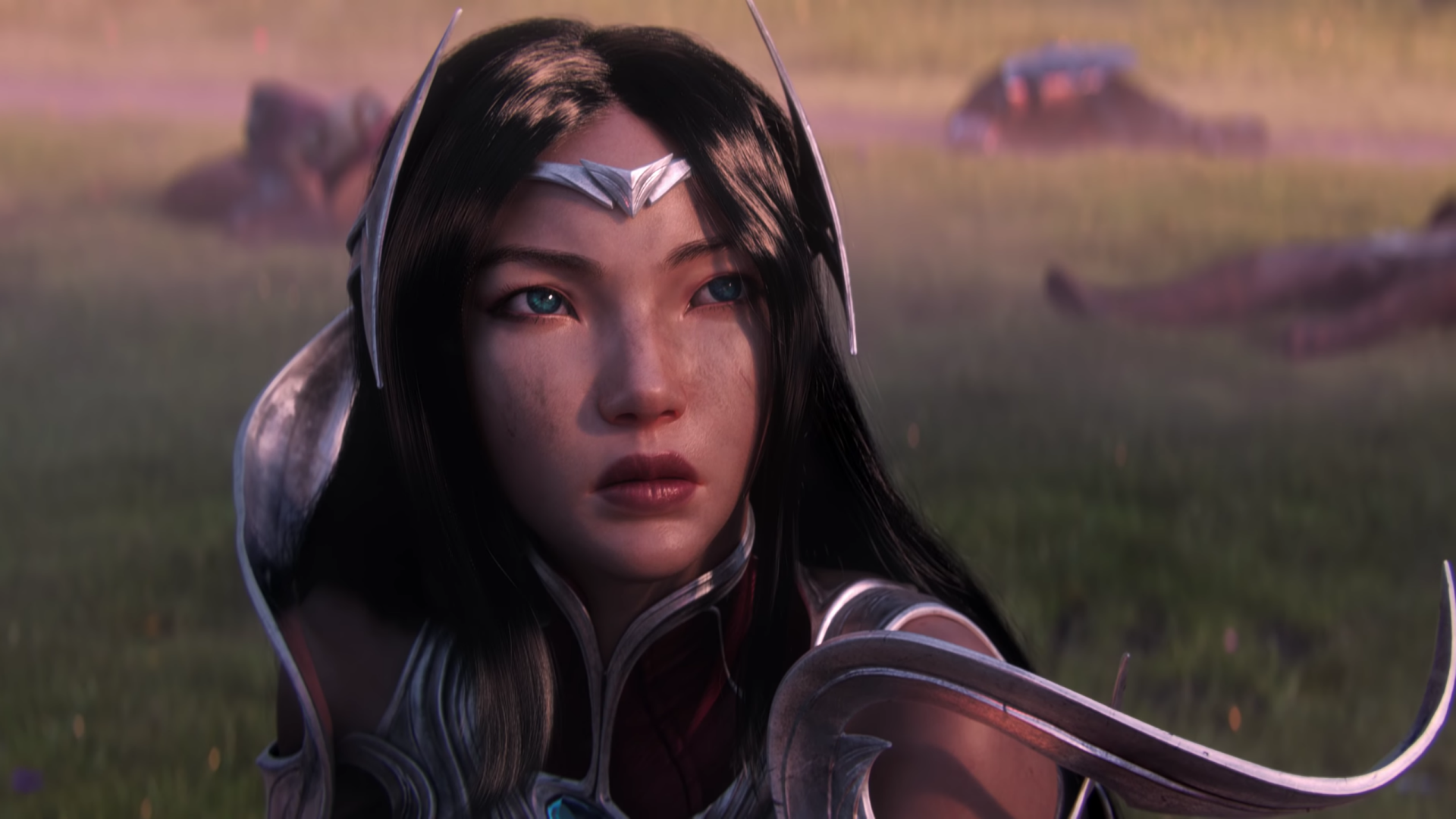 Irelia (League of Legends) close-up in armor and headpiece, gazing off-screen over a misty battlefield — cinematic video game portrait, 2K Quad HD PC desktop wallpaper/background.