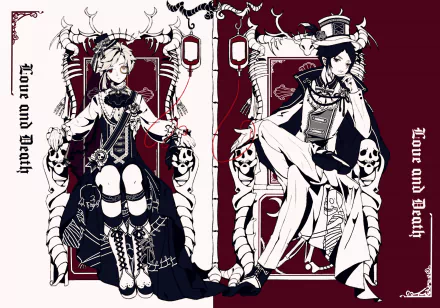 HD anime desktop wallpaper featuring Ryūnosuke Akutagawa and Atsushi Nakajima from Bungou Stray Dogs, styled in dark, gothic attire with a red and black theme.