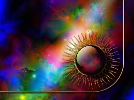 Abstract HD PC desktop wallpaper featuring a colorful cosmic background with a circular jewelry-inspired design of intricate gold spikes.