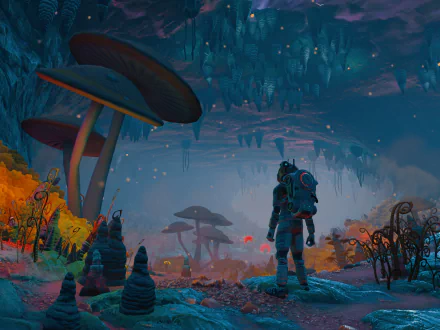 HD PC desktop wallpaper from the video game No Man's Sky, featuring an astronaut exploring a vibrant alien landscape filled with giant mushrooms and glowing flora.