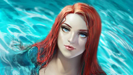 HD comic-style desktop wallpaper featuring Mera from DC Comics with striking blue eyes and flowing red hair submerged in water.