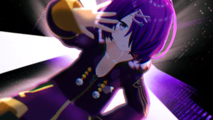 HD PC desktop wallpaper featuring Azuki Kiso, an anime-style Virtual Youtuber with vibrant purple hair and dynamic pose against a bold, futuristic background.