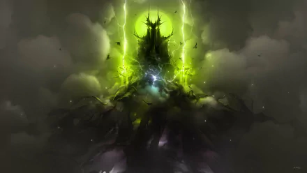 Dark sorcerer shrouded in mystic green energy, set against a stormy, clouded background. HD PC desktop wallpaper and background with eerie, supernatural atmosphere.