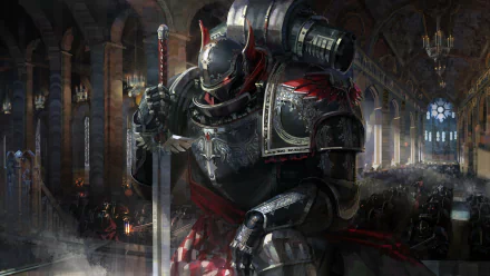 HD desktop wallpaper of a Warhammer 40k warrior in detailed armor holding a sword, set inside a grand, gothic cathedral.