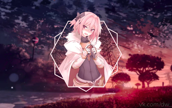 HD PC desktop wallpaper featuring Astolfo from Fate/Apocrypha in an anime style, set against a vibrant, moody twilight landscape background.