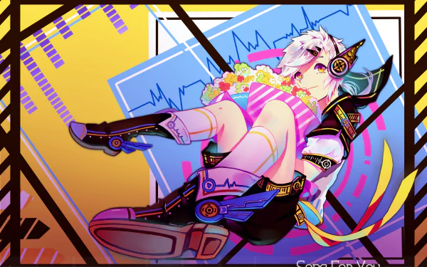 2K Quad HD PC wallpaper: Atsushi Nakajima (Bungou Stray Dogs) in vibrant neon anime art, reclining with headphones, futuristic boots and geometric shapes on a colorful background.