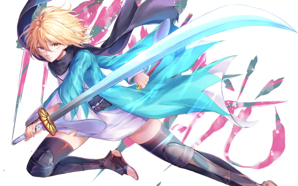 HD PC desktop wallpaper featuring Saber Okita Souji from Fate/Grand Order in dynamic anime style, wielding a glowing sword with vibrant energy effects.