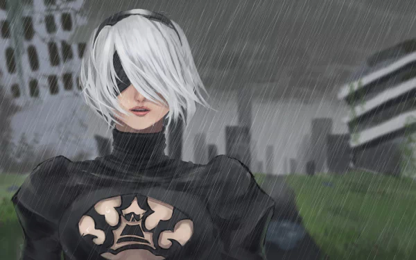 YoRHa No.2 Type B from NieR: Automata stands in the rain with short white hair, wearing a blindfold and headband, against a blurred city backdrop in this 4K Ultra HD wallpaper.