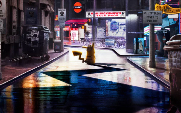 HD PC desktop wallpaper featuring Pikachu from the movie Pokémon Detective Pikachu standing in a neon-lit urban alley at night.