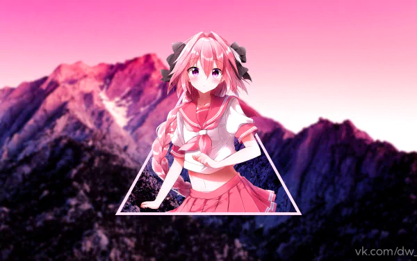 Astolfo from Fate/Apocrypha in anime style, set against a vibrant pink mountain backdrop with a geometric triangle frame, 4K Ultra HD PC desktop wallpaper.