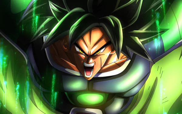 HD desktop wallpaper featuring Broly from Dragon Ball Super: Broly in his Super Saiyan Green form, showcasing an intense and powerful expression amidst green energy.