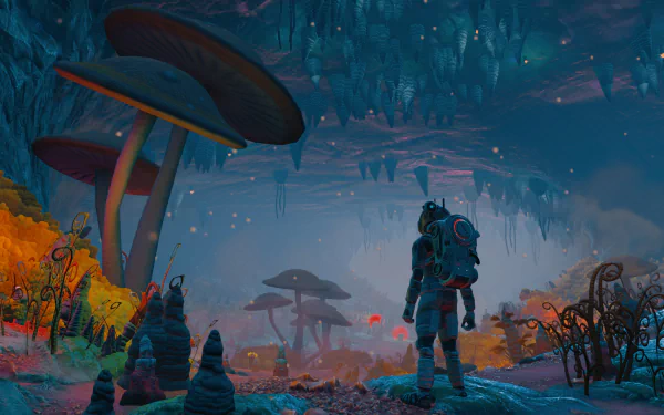 HD PC desktop wallpaper from the video game No Man's Sky, featuring an astronaut exploring a vibrant alien landscape filled with giant mushrooms and glowing flora.