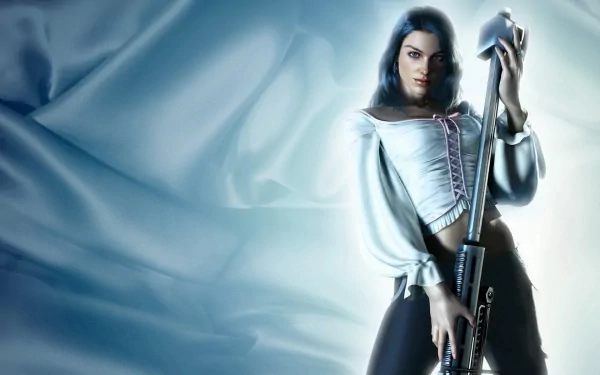 HD PC desktop wallpaper featuring a character from the video game Dead Rising holding a weapon against a smooth, light blue background.