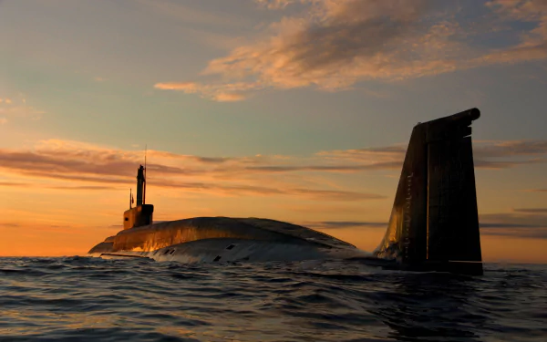 Military submarine at sunset on calm sea — 4K Ultra HD PC desktop wallpaper and background.