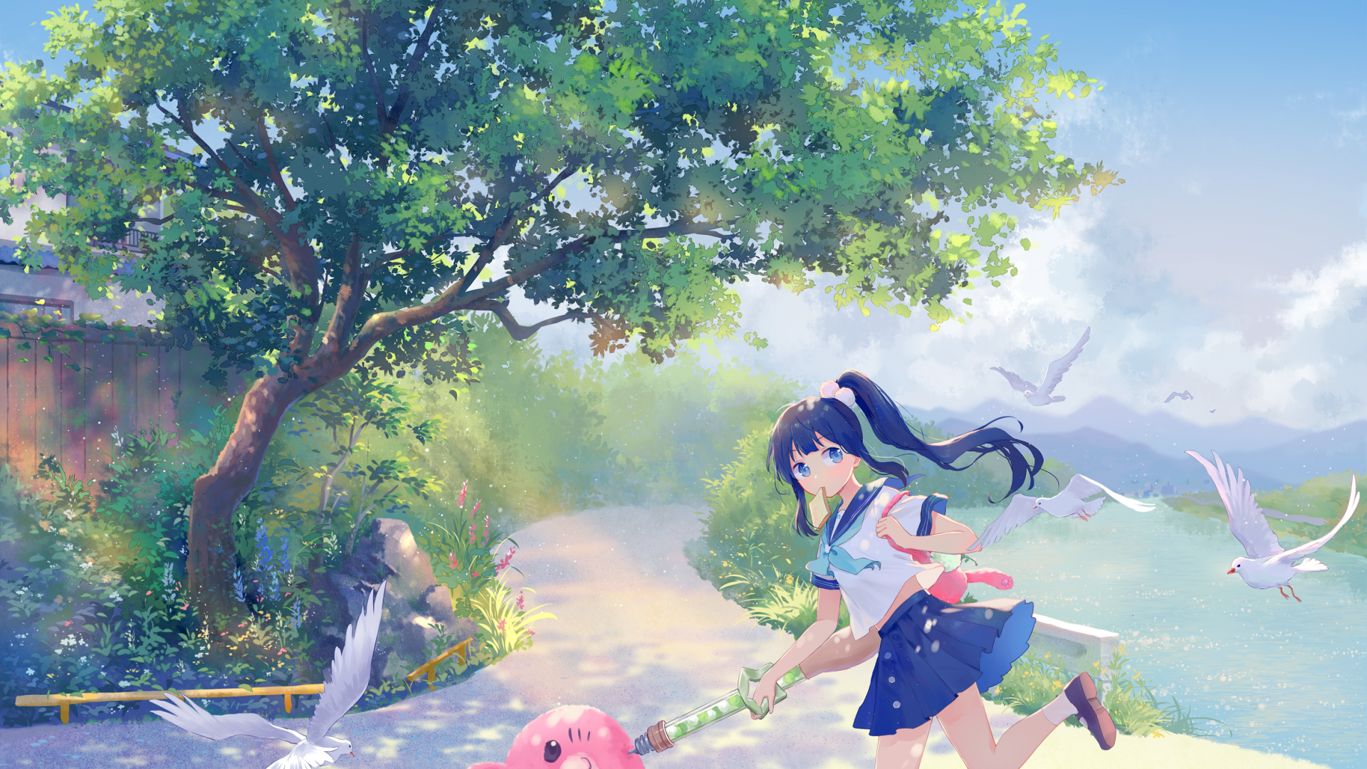Anime-style HD desktop wallpaper featuring a girl with long blue hair in a ponytail and bright blue eyes, interacting with birds in a vibrant, sunlit outdoor setting.