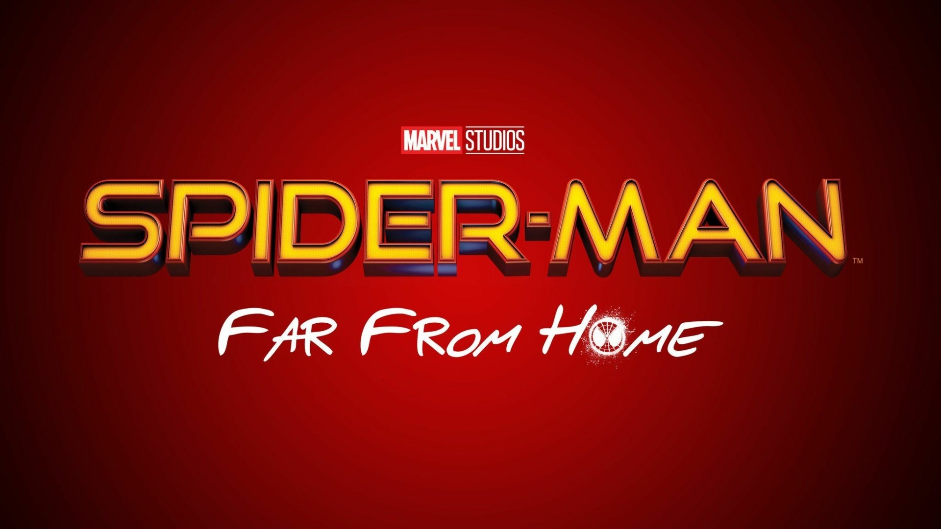HD PC desktop wallpaper featuring the bold logo of the Marvel Studios movie Spider-Man: Far From Home against a red background.