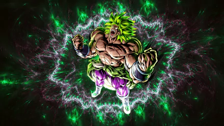 HD PC desktop wallpaper featuring Broly from Dragon Ball Super: Broly in a powerful, glowing green energy aura, showcasing dynamic anime-style artwork.